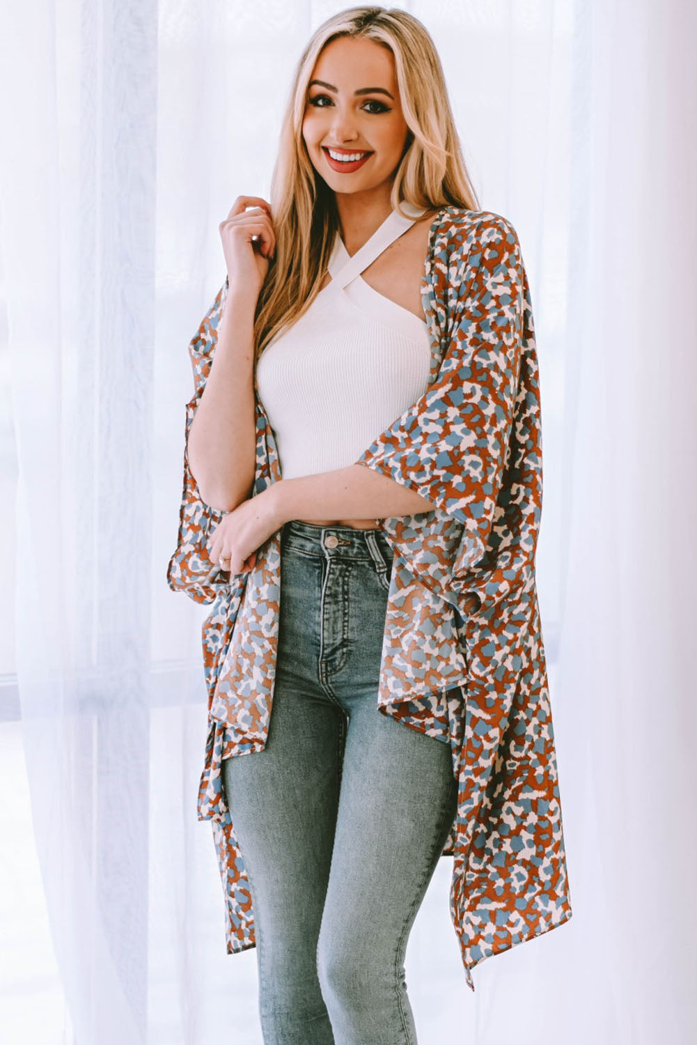 Printed Open Front Three-Quarter Sleeve Cover Up (TB11D) T