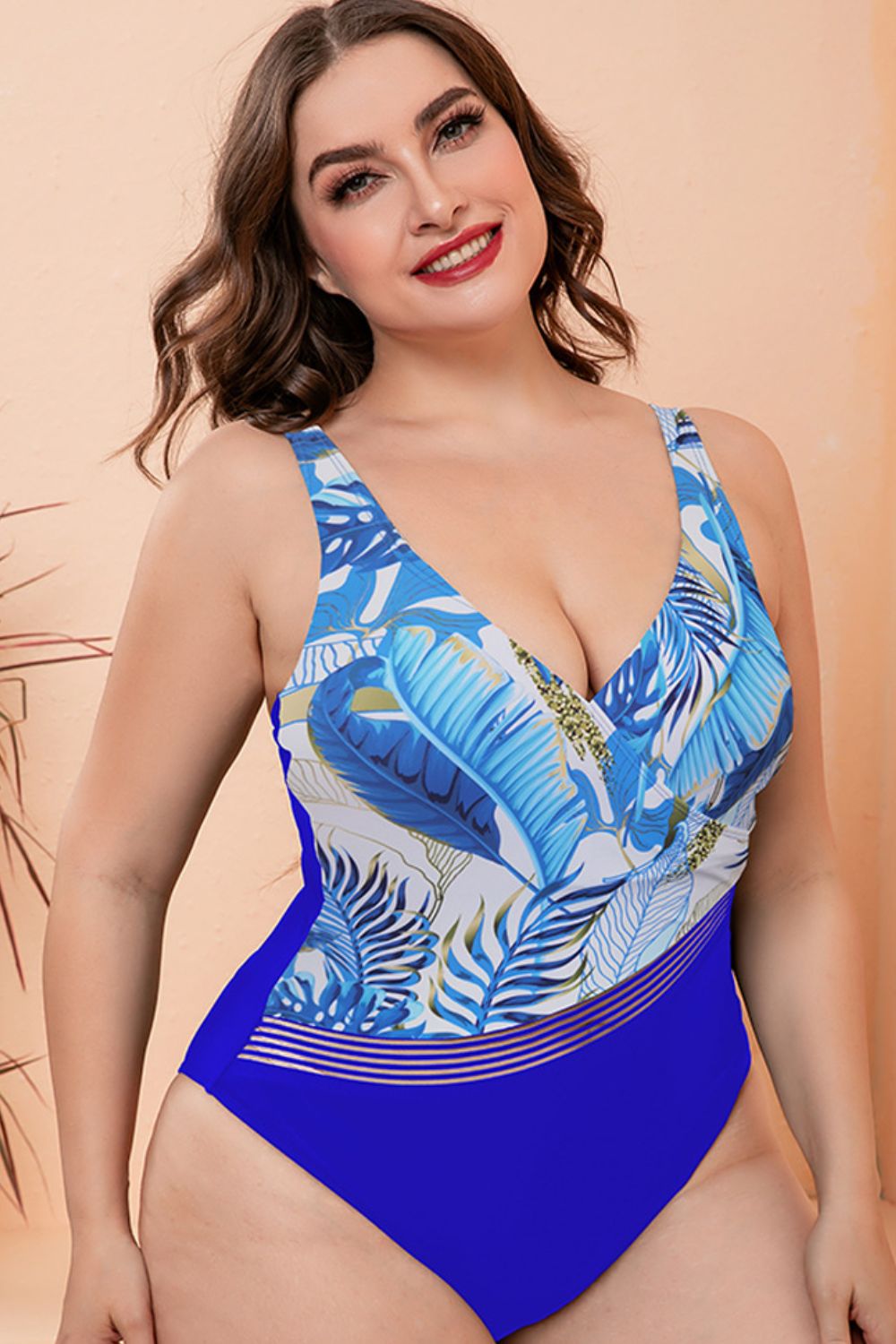 Full Size Two-Tone Plunge One-Piece Swimsuit (TB10D) T