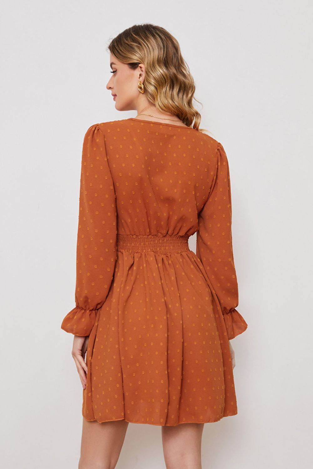 Swiss Dot Ruched V-Neck Flounce Sleeve Dress (BWD)(WS06)T