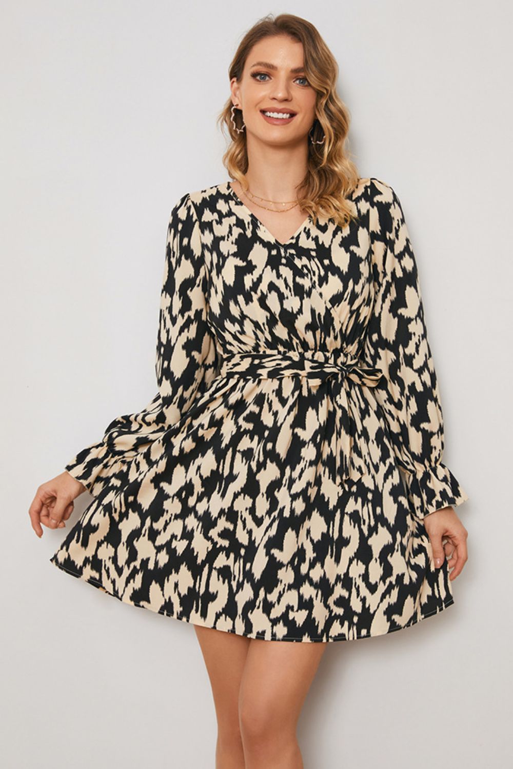 Animal Print Surplice Neck Long Flounce Sleeve Dress (BWD)(WS06)T