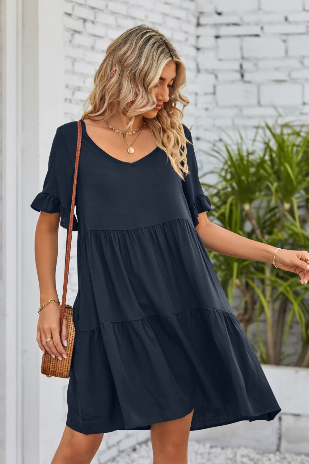V-Neck Flounce Sleeve Tiered Dress (BWD)(WS06)T - Deals DejaVu