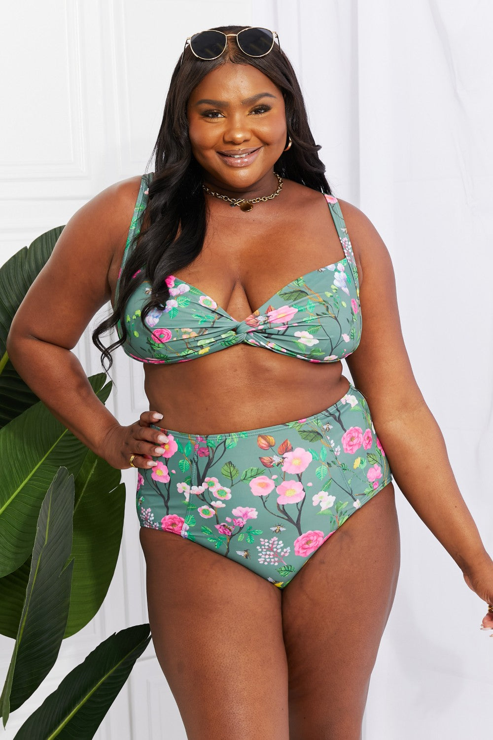 Marina West Swim Take A Dip Twist High-Rise Bikini in Sage (TB9D) T