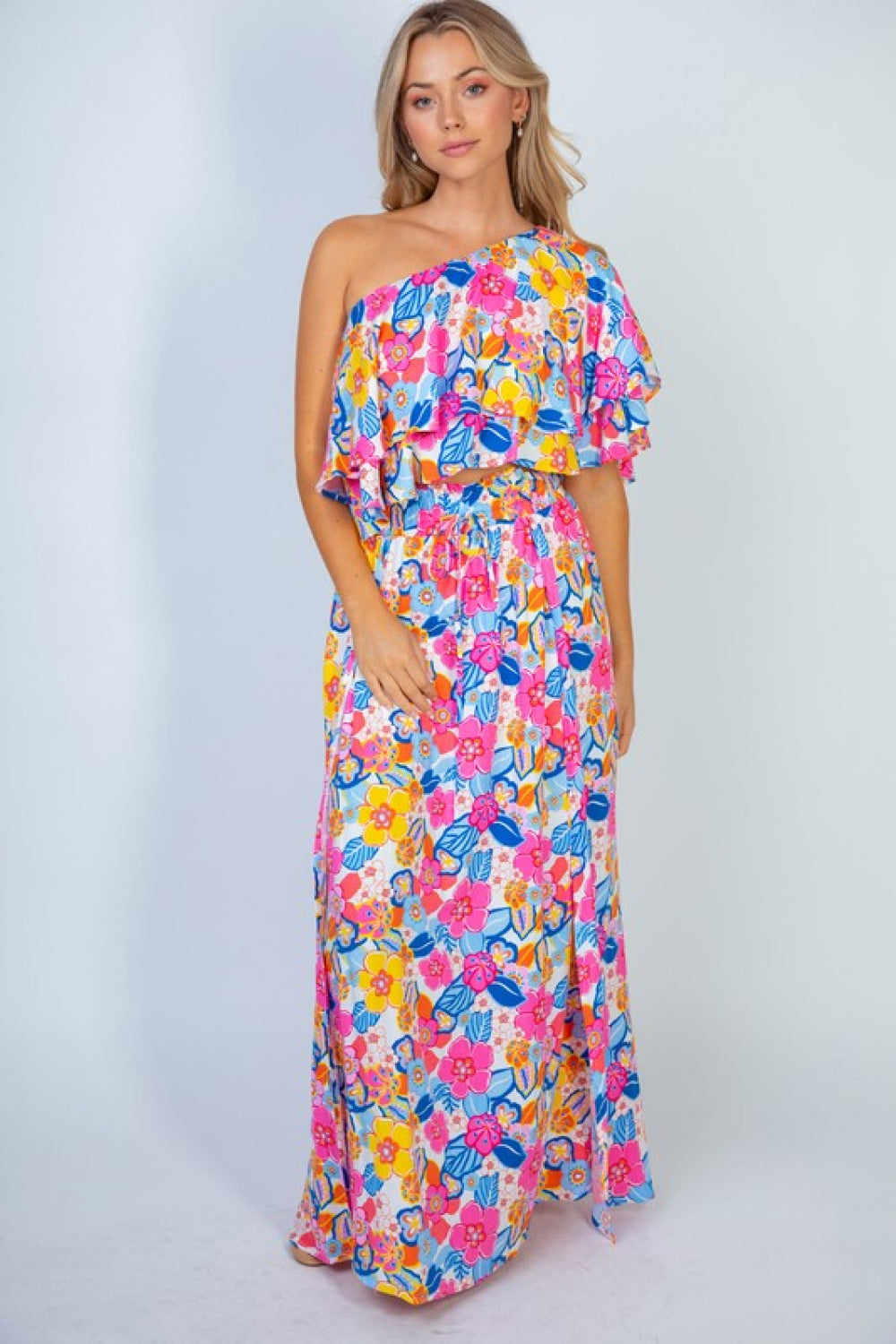 White Birch Sunshine & Blossoms Full Size Floral Smocked Maxi Skirt (TB7) T