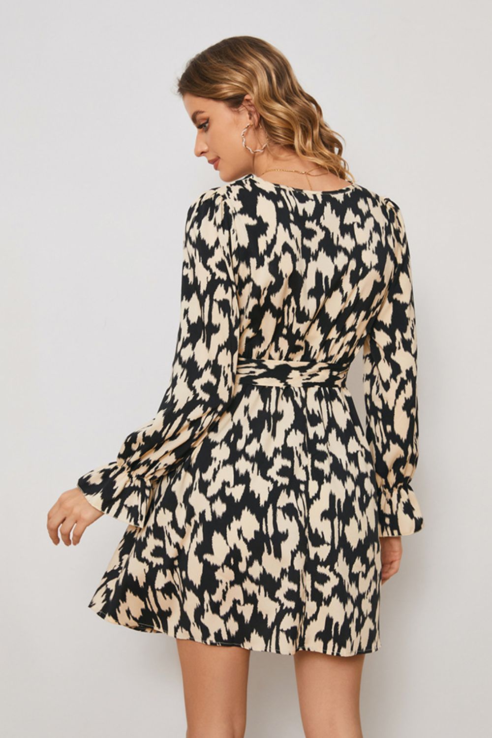 Animal Print Surplice Neck Long Flounce Sleeve Dress (BWD)(WS06)T