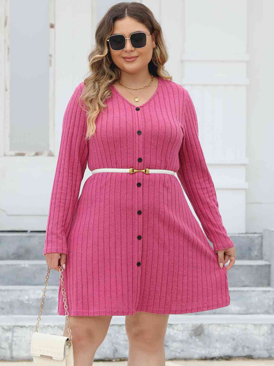 Plus Size Ribbed Buttoned V-Neck Long Sleeve Dress (MWBT) T - Deals DejaVu