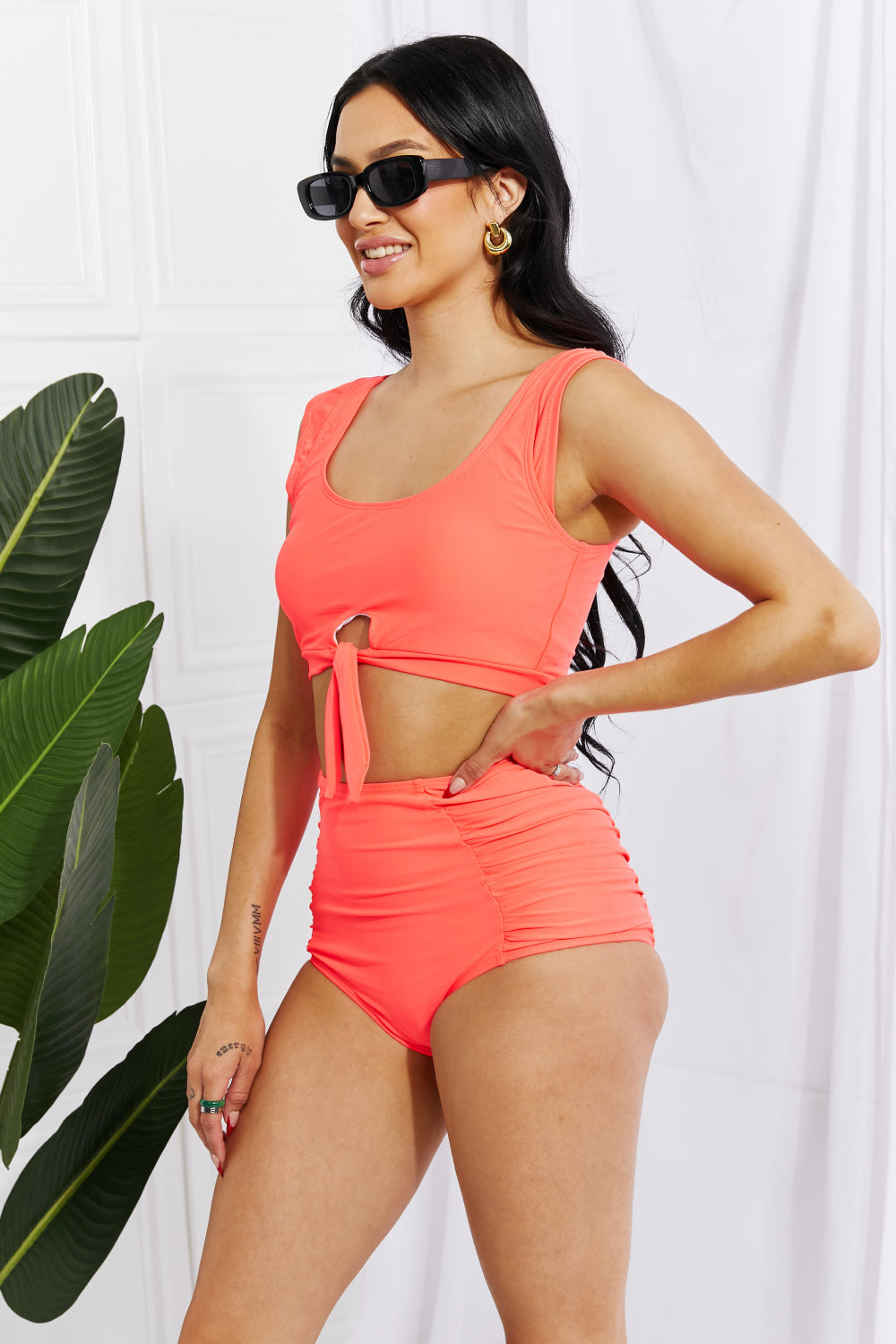 Marina West Swim Sanibel Crop Swim Top and Ruched Bottoms Set in Coral (TB9D) T