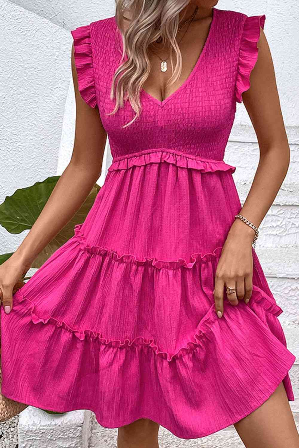 Smocked Frill Trim Deep V Dress (MWBT) T - Deals DejaVu