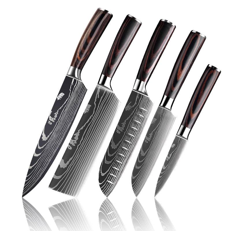 7pcs/set Kitchen Knife Set - Japanese Damascus Pattern Chef's Knife with Accessory Knife Holder Knife Sharpener (AK5)(1U61)