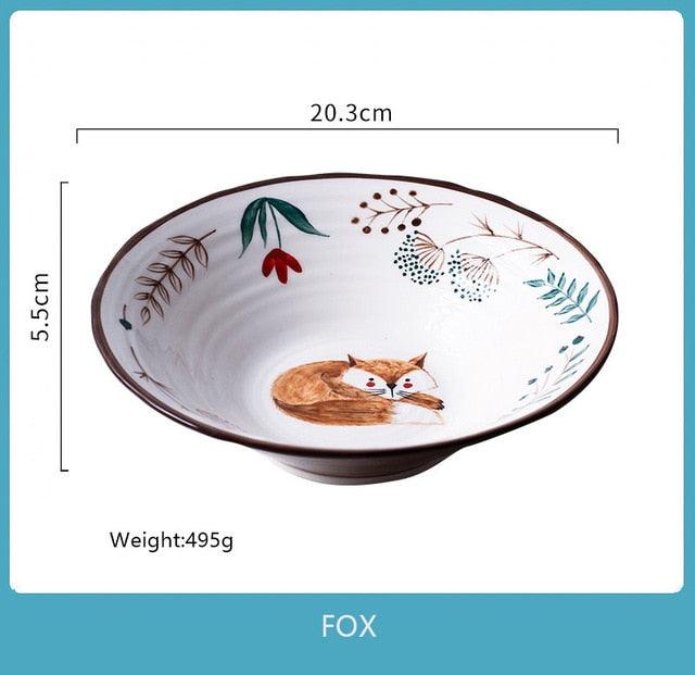 8 Inch Ceramic Ramen Bowl Hand-Painted Forest Animal Design - Anti-Hot Foam Bowls (D61)(AK7)