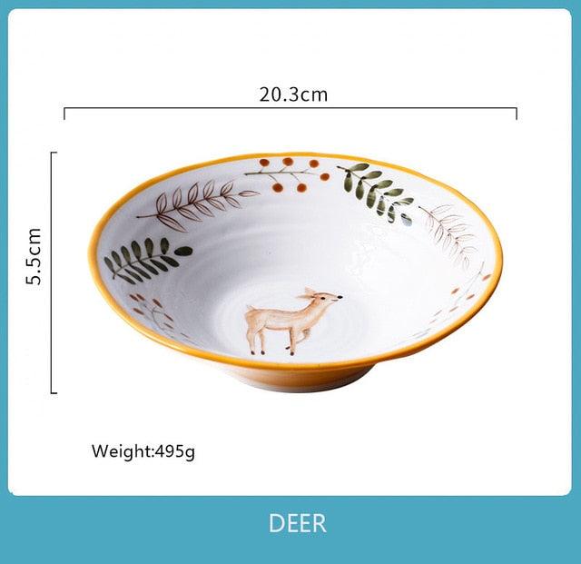 8 Inch Ceramic Ramen Bowl Hand-Painted Forest Animal Design - Anti-Hot Foam Bowls (D61)(AK7)