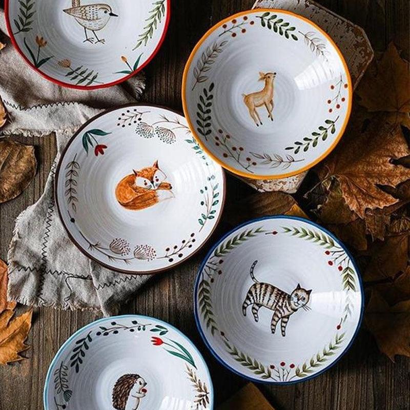 8 Inch Ceramic Ramen Bowl Hand-Painted Forest Animal Design - Anti-Hot Foam Bowls (D61)(AK7)