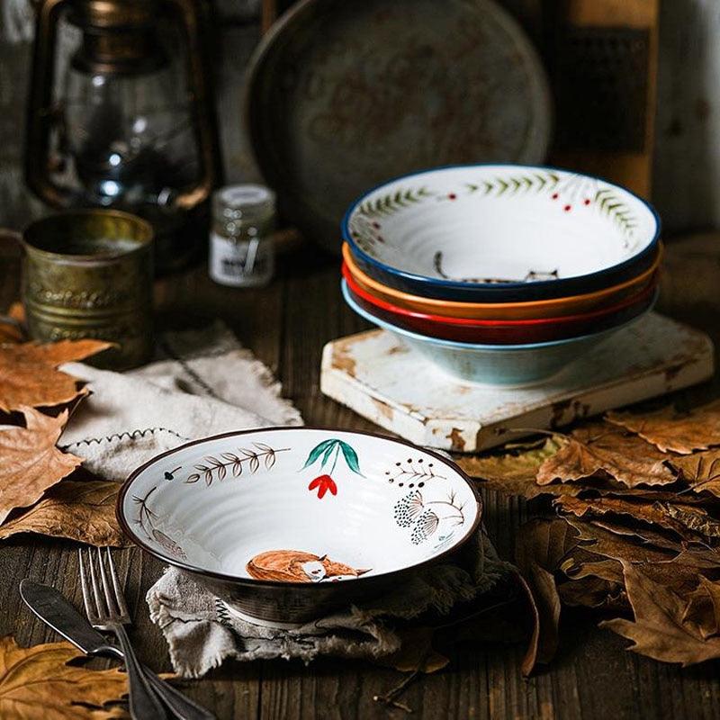 8 Inch Ceramic Ramen Bowl Hand-Painted Forest Animal Design - Anti-Hot Foam Bowls (D61)(AK7)