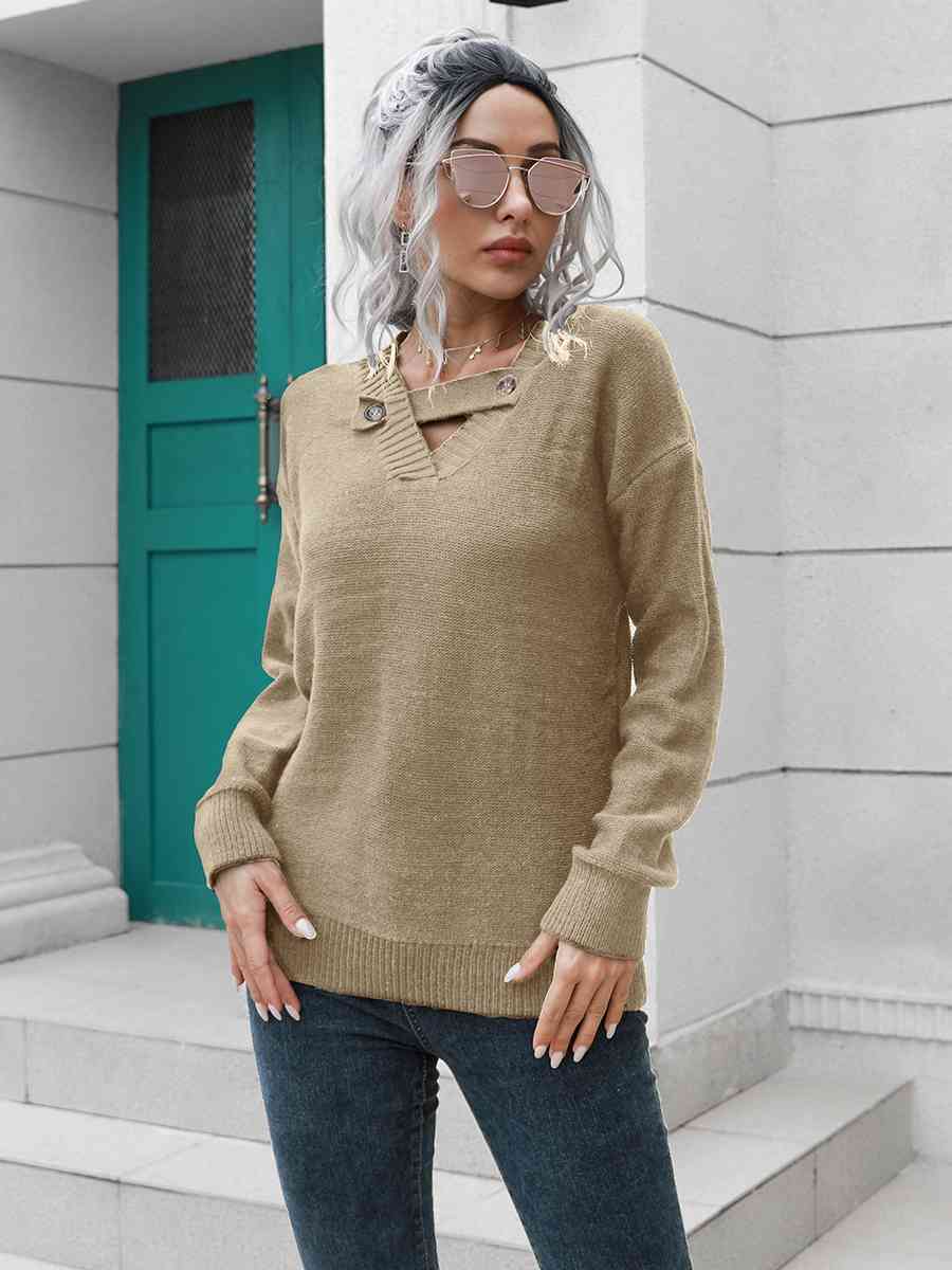 Dropped Shoulder Button Detail Sweater - Deals DejaVu