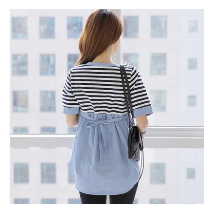 Gorgeous Summer Thin Strip Patchwork Maternity Nursing Blouses - Ties Waist Slim Breastfeeding Shirt for Pregnant Women (Z1)