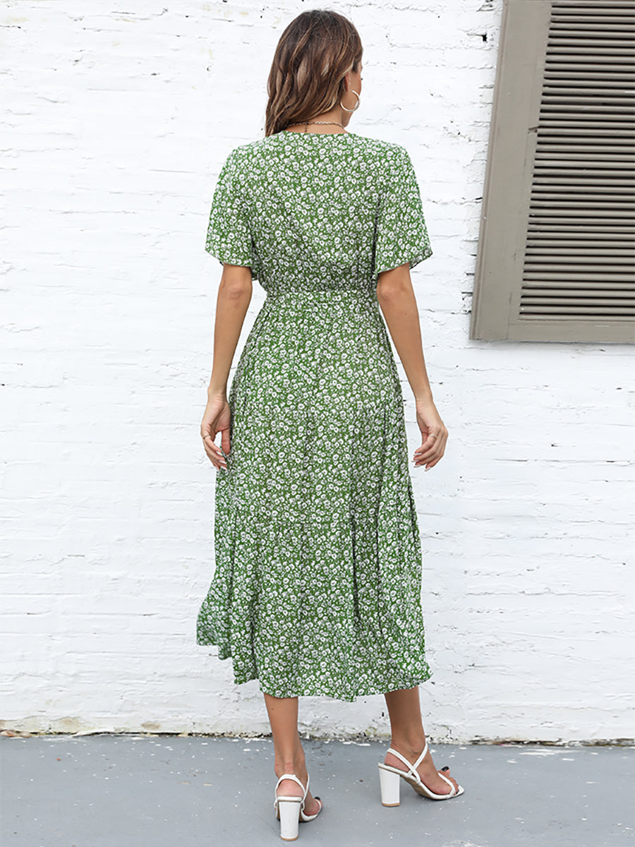 Ditsy Floral Tie-Waist Short Sleeve V-Neck Dress (BWD)(WS06)T