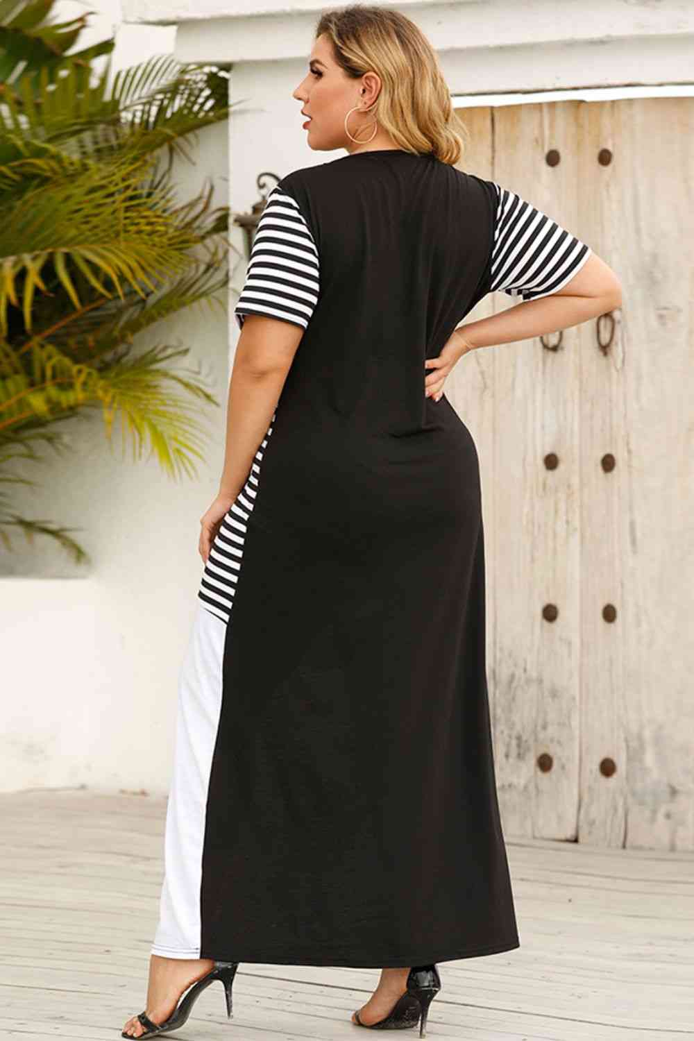 Plus Size Striped Color Block Round Neck Dress (BWMT) T - Deals DejaVu