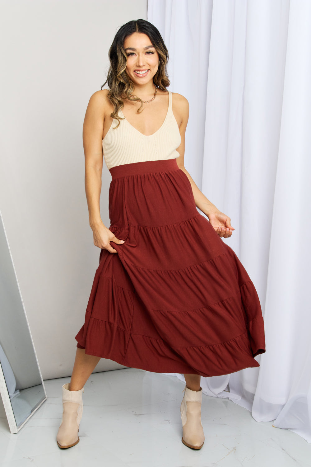Zenana Full Size Wide Waistband Tiered Midi Skirt (TB7) T