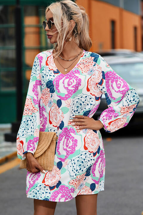 Floral V-Neck Long Sleeve Dress (MWBT) T - Deals DejaVu