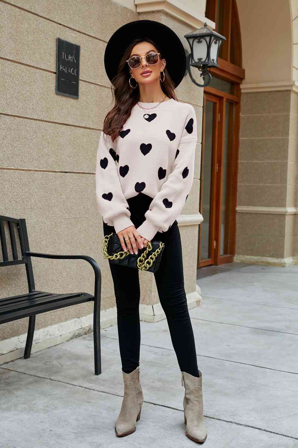 Woven Right Heart Pattern Lantern Sleeve Round Neck Tunic Sweater - Deals DejaVu