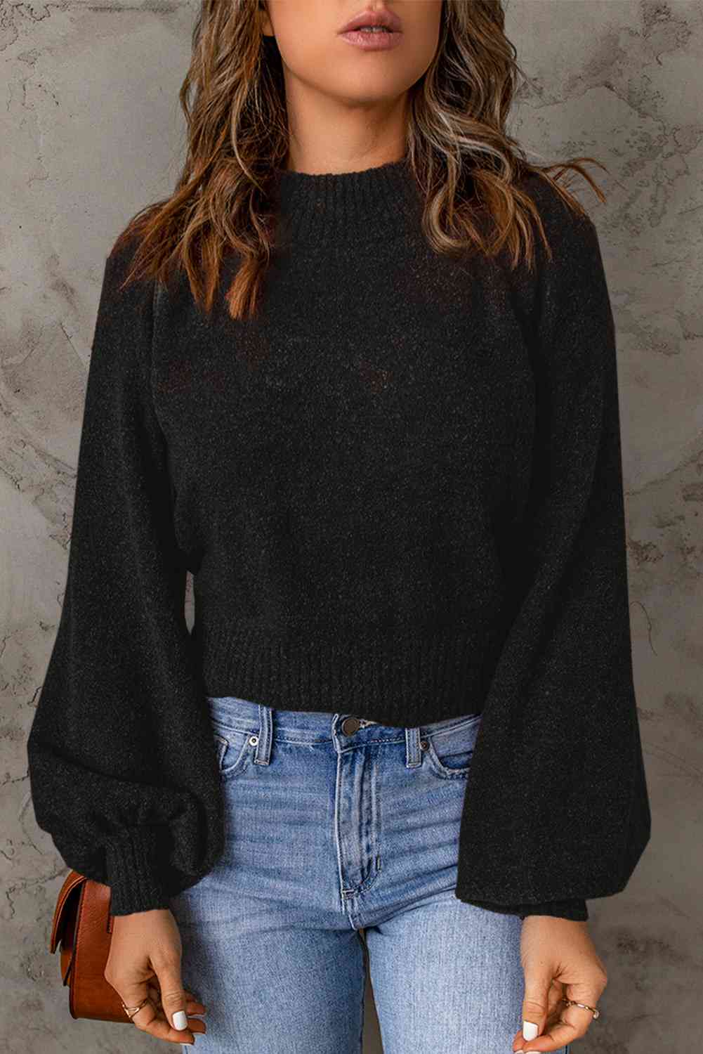 Ribbed Trim Balloon Sleeve Sweater - Deals DejaVu