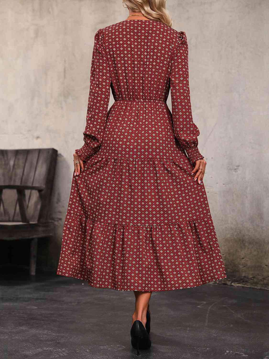 Printed Tiered V-Neck Buttoned Midi Dress (MWBT) T - Deals DejaVu