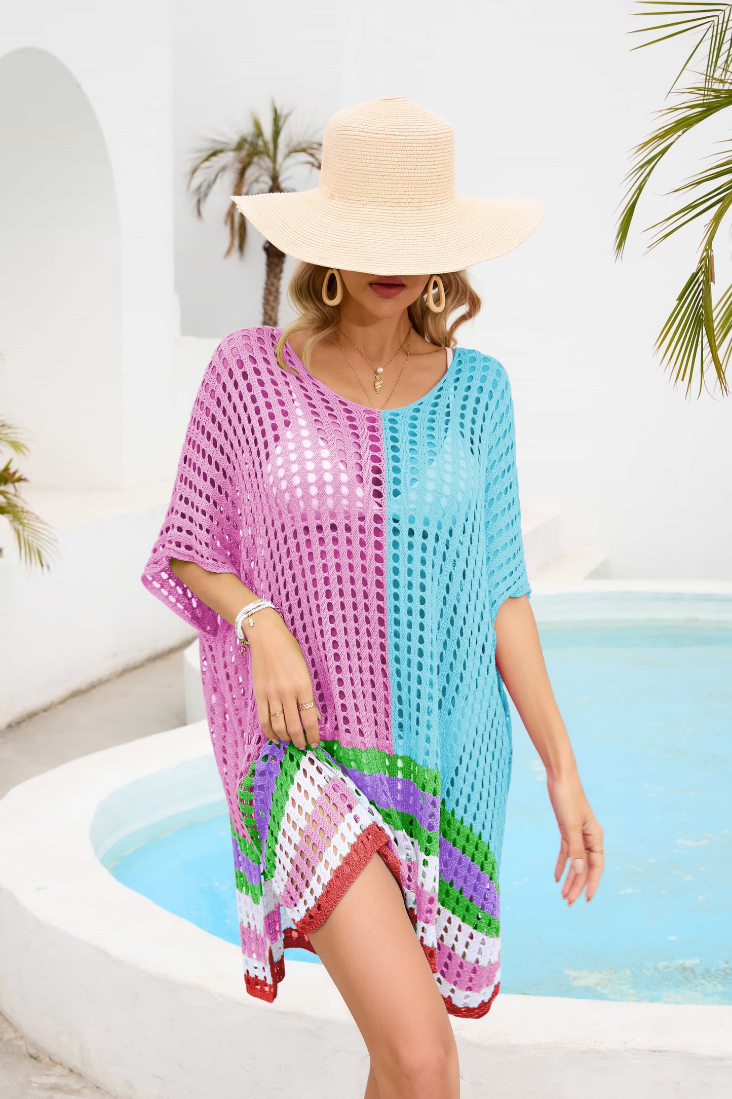 Contrast Scoop Neck Openwork Half Sleeve Cover Up (TB11D) T