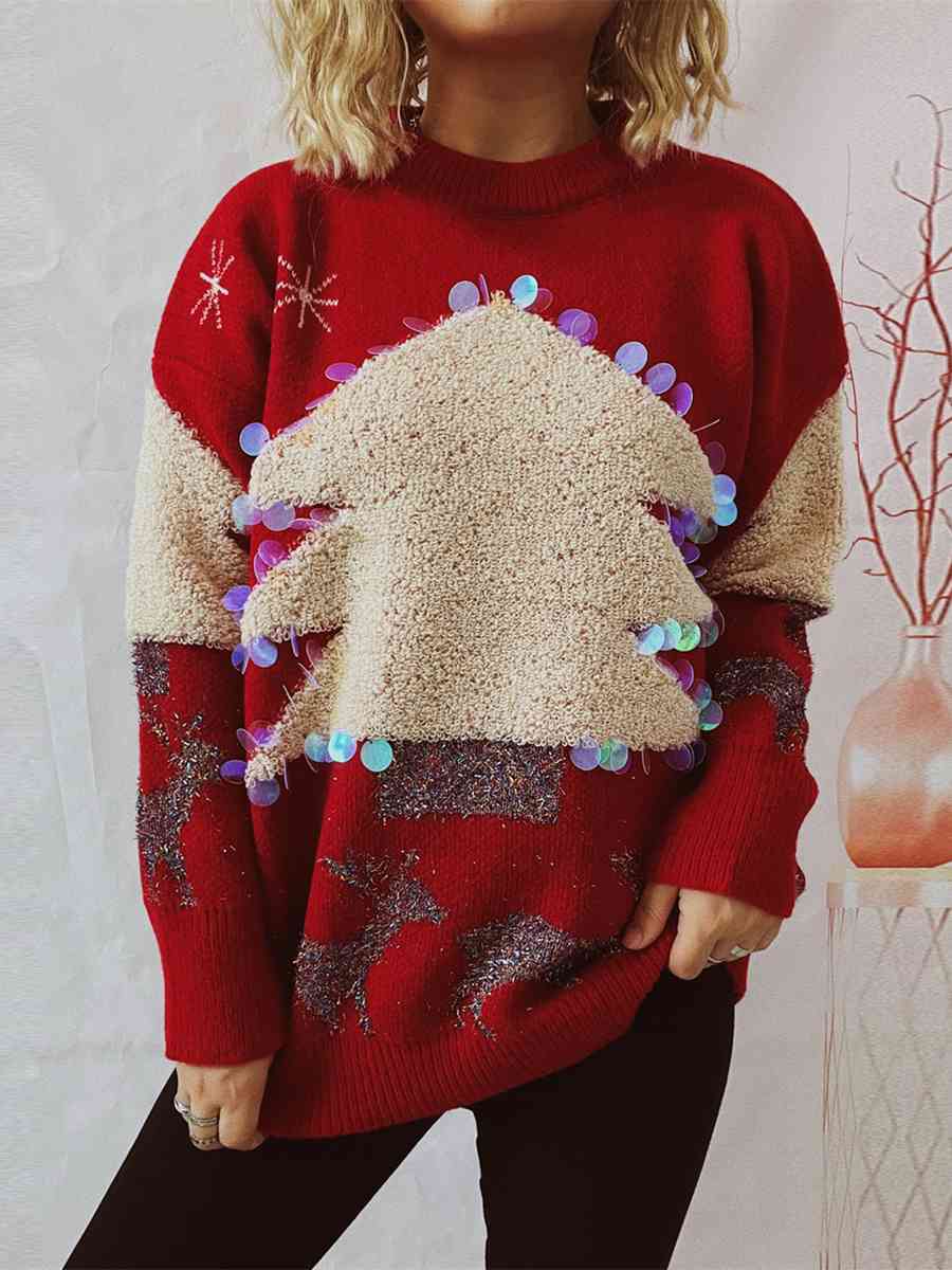 Sequin Christmas Tree & Reindeer Round Neck Sweater - Deals DejaVu
