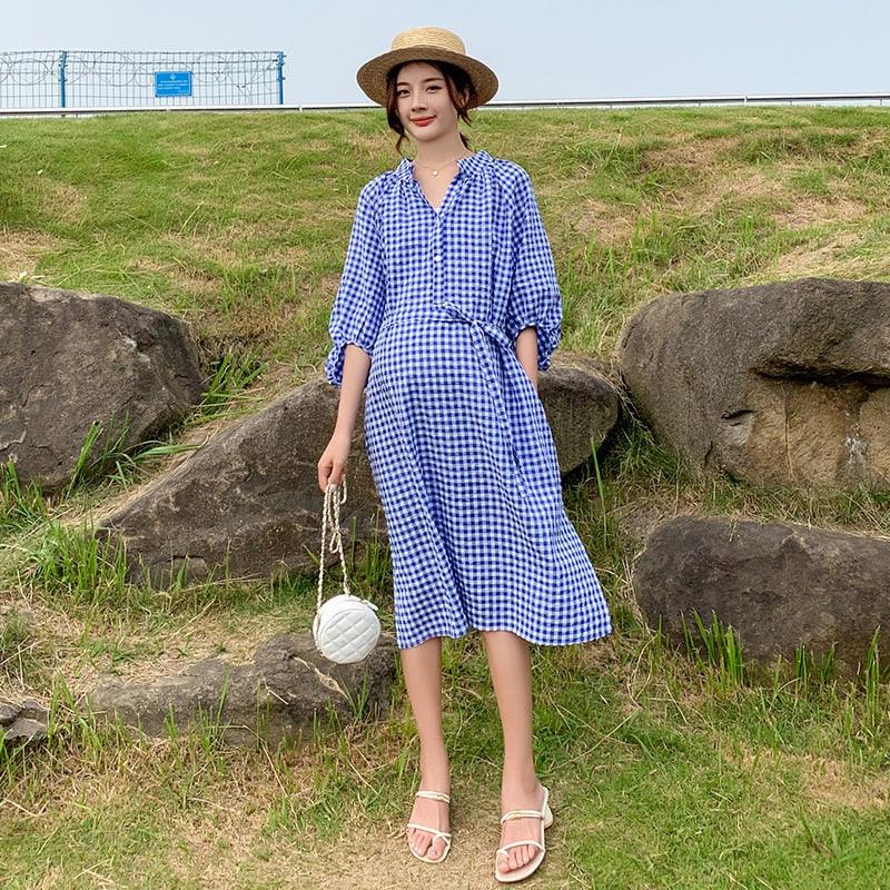 Summer Autumn Blue Plaid Maternity Dress - Plus Size Loose Ties Waist Slim Clothes for Pregnant Women (Z7)(Z9)(4Z1)