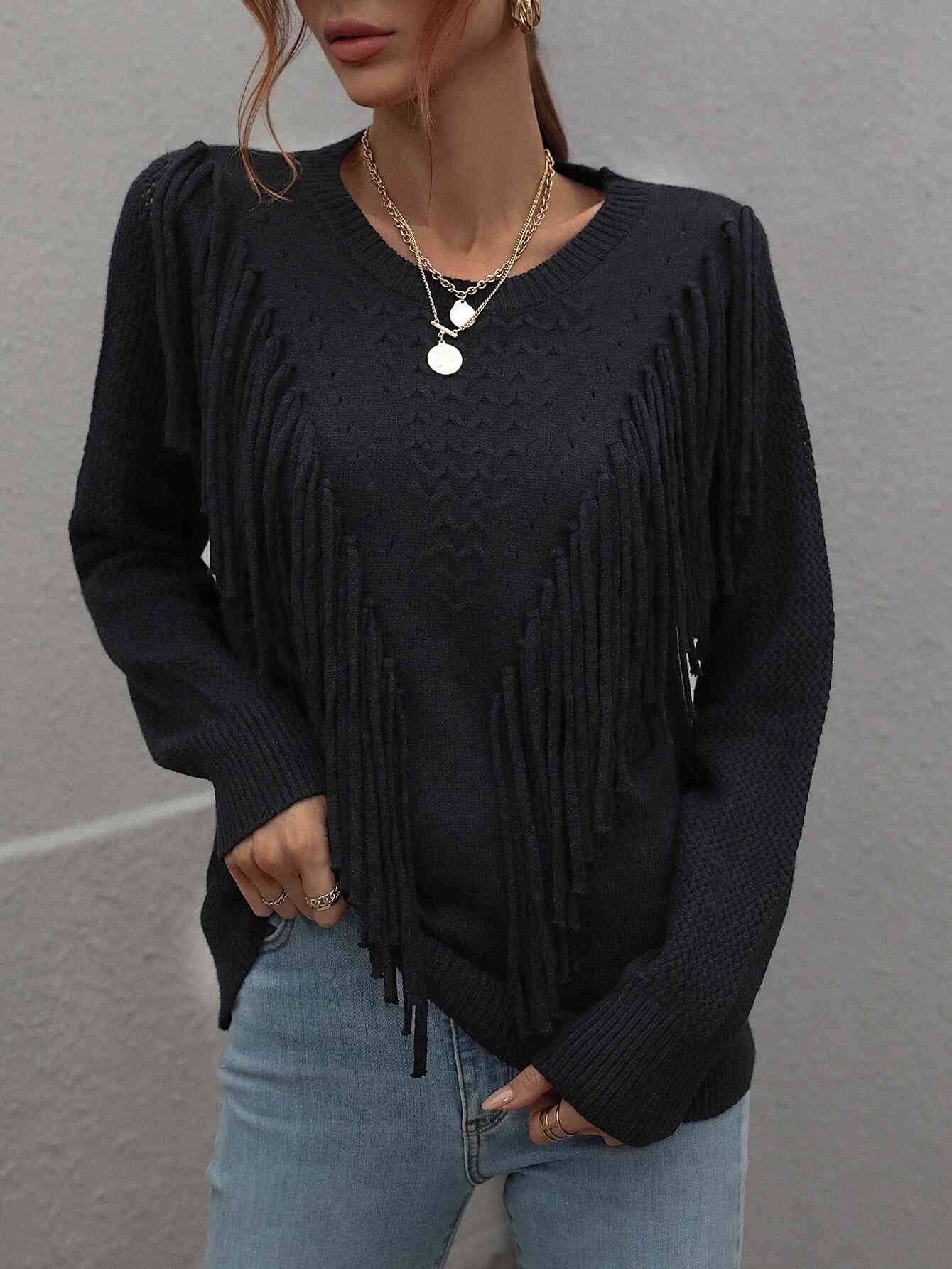Double Take Fringe Detail Ribbed Trim Sweater - Deals DejaVu