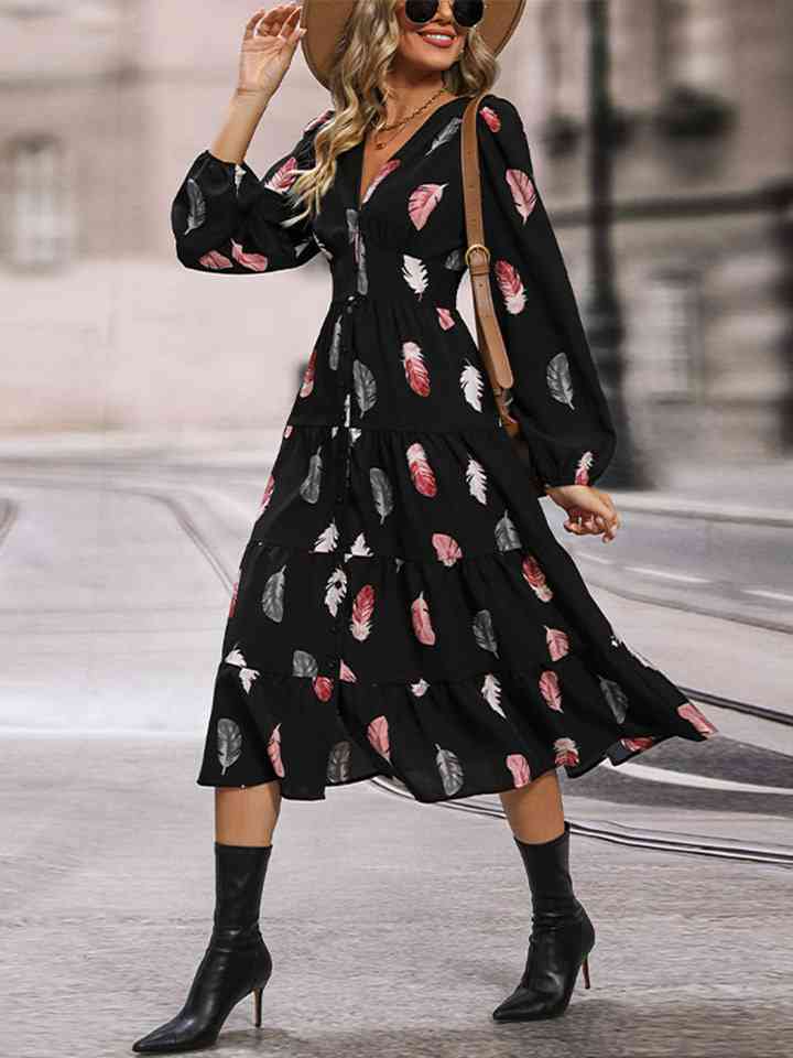 Printed V-Neck Slit Dress (MWBT) T - Deals DejaVu