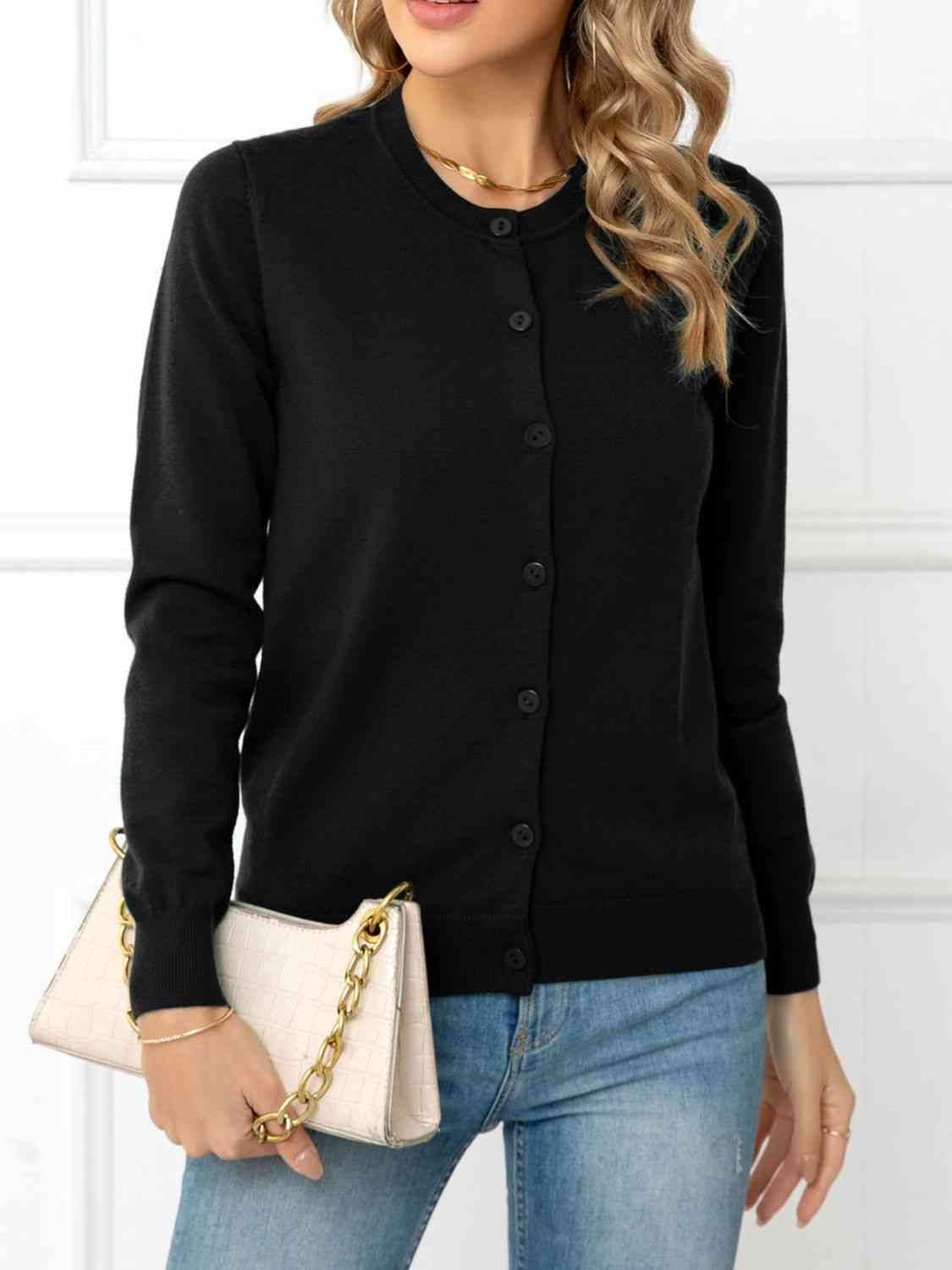 Button Down Round Neck Cardigan - Deals DejaVu