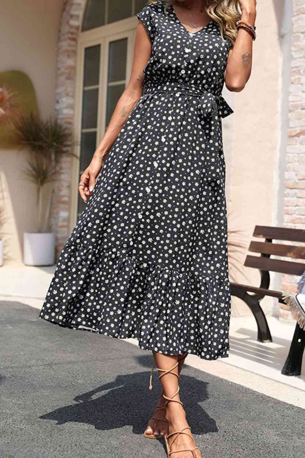 Floral Tie-Waist Ruffle Hem Dress (MWBT) T - Deals DejaVu