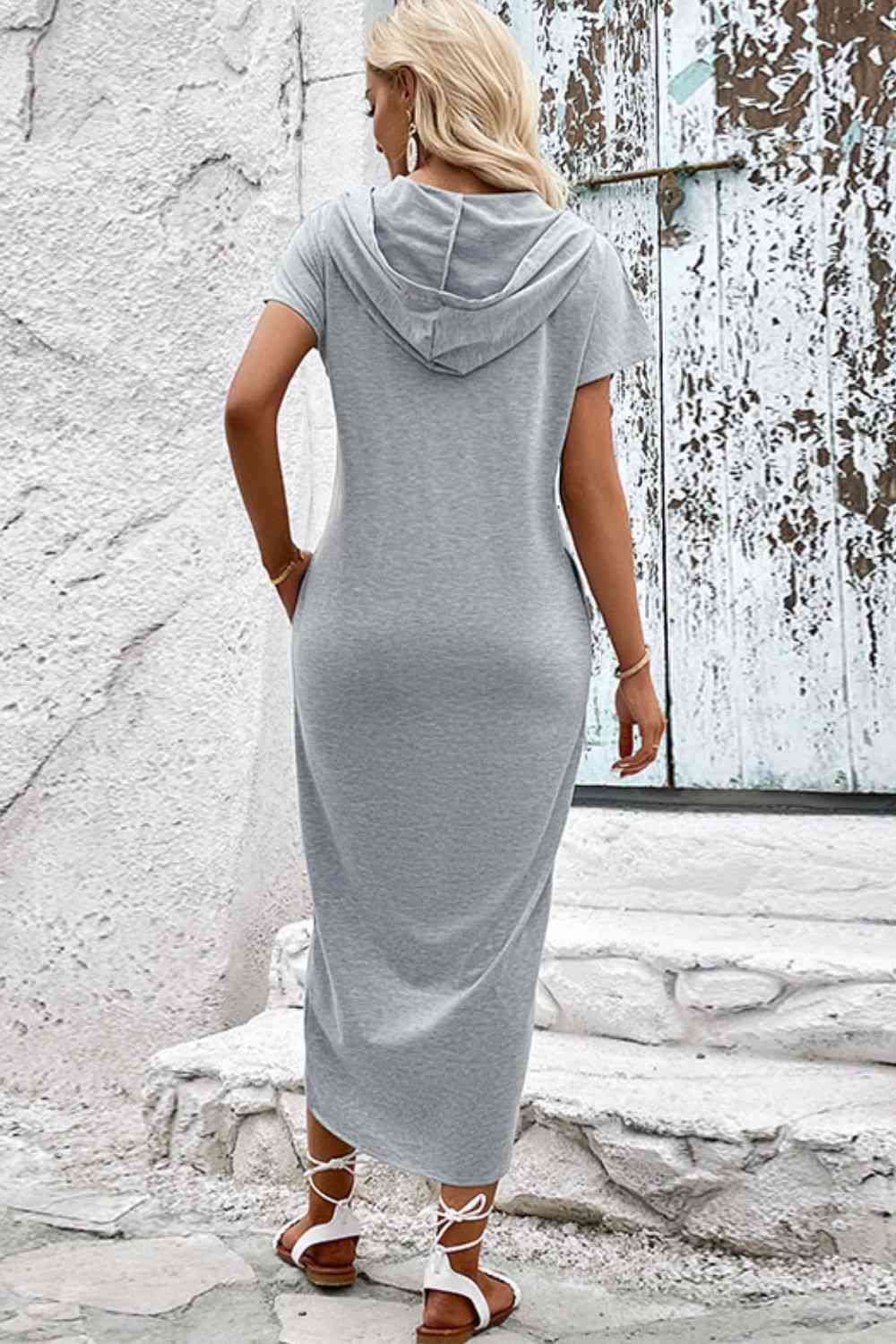 Short Sleeve Front Slit Hooded Dress (MWBT) T - Deals DejaVu