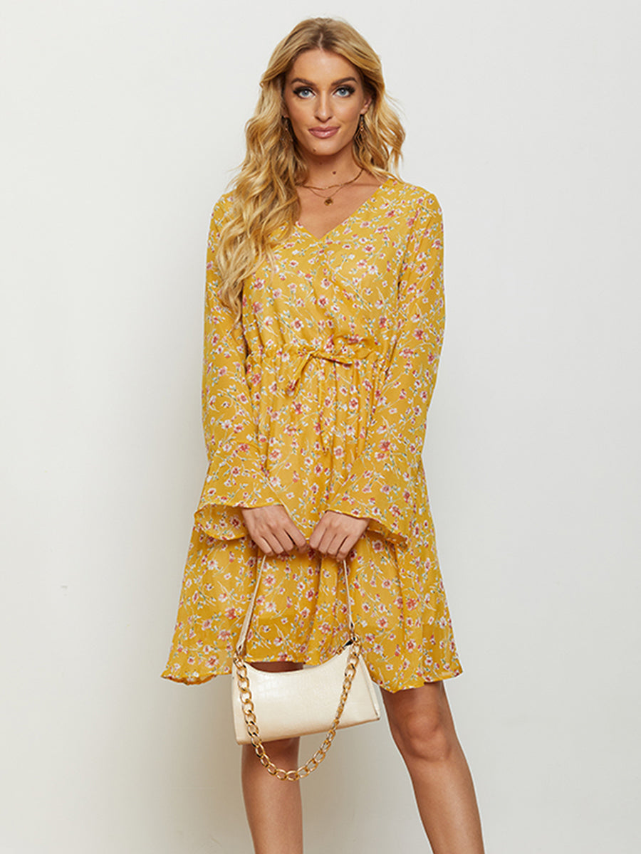 Floral Drawstring Waist V-Neck Dress (BWD)(WS06)T
