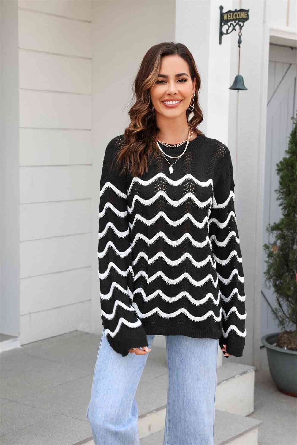 Wave Pattern Round Neck Long Sleeve Sweater - Deals DejaVu
