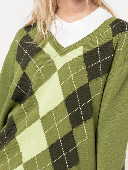 Geometric V-Neck Long Sleeve Sweater - Deals DejaVu