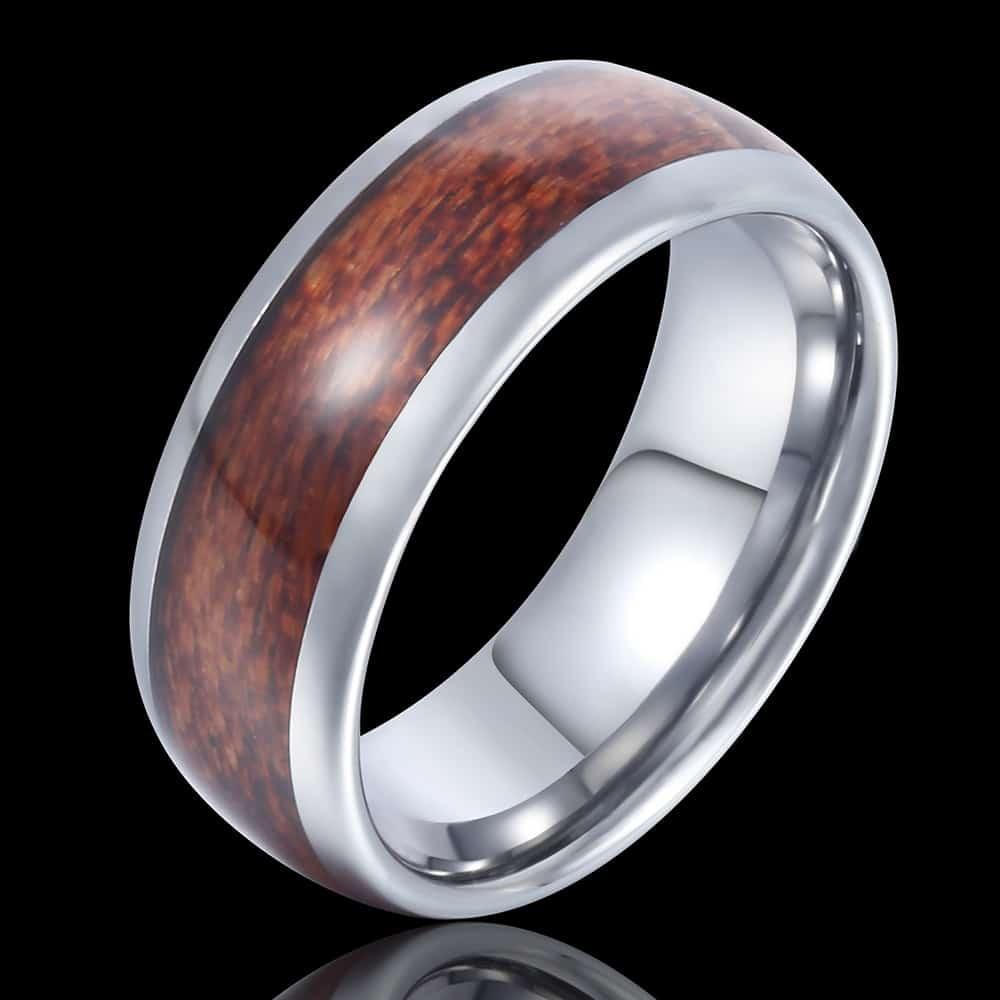8mm Men's Brown Wood Inlay Silver Color Tungsten Carbide Band Ring Standard Fit Ring (2U83)