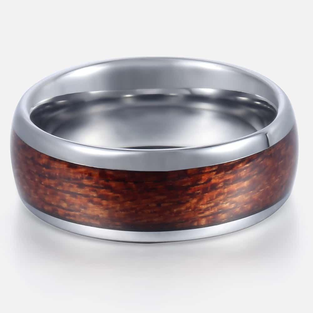 8mm Men's Brown Wood Inlay Silver Color Tungsten Carbide Band Ring Standard Fit Ring (2U83)
