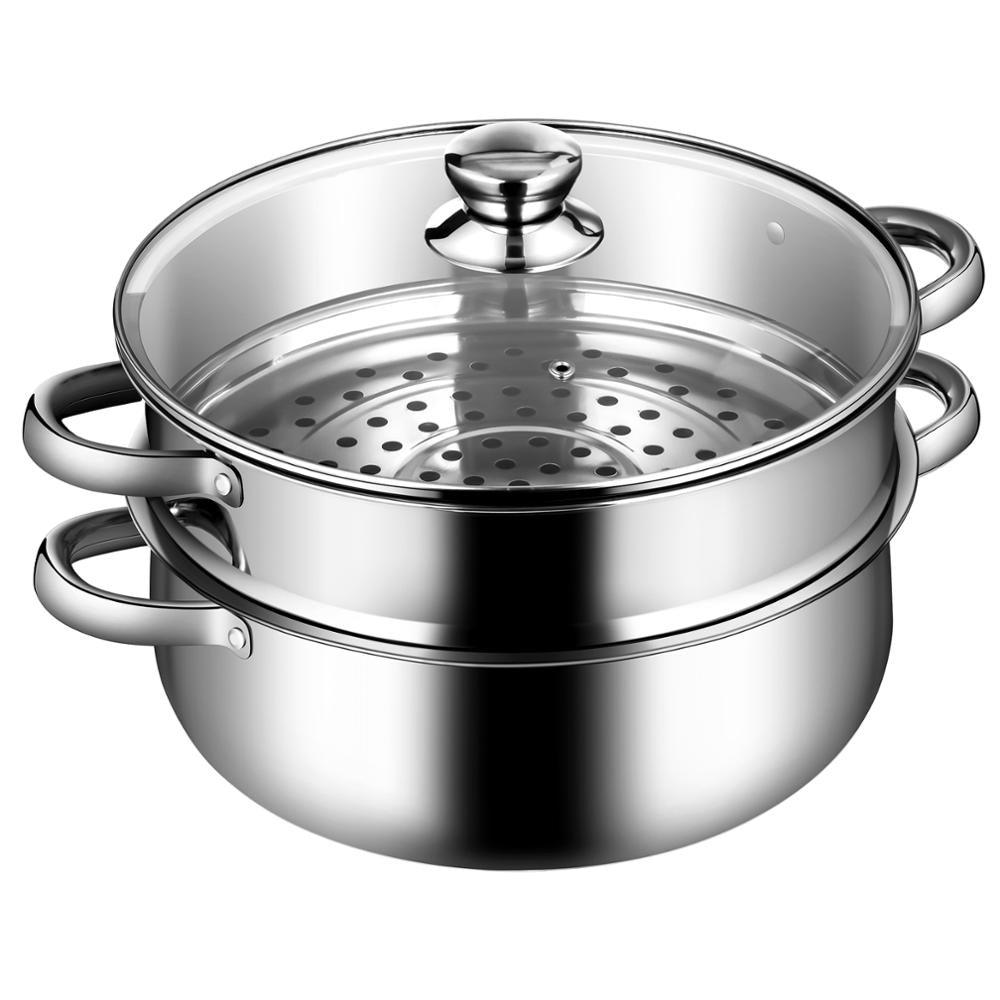 9.5 QT 2 Tier Stainless Steel Steamer Pot Cookware Boiler w/ Tempered Glass Lid KC52002 (AK1)(1U61)