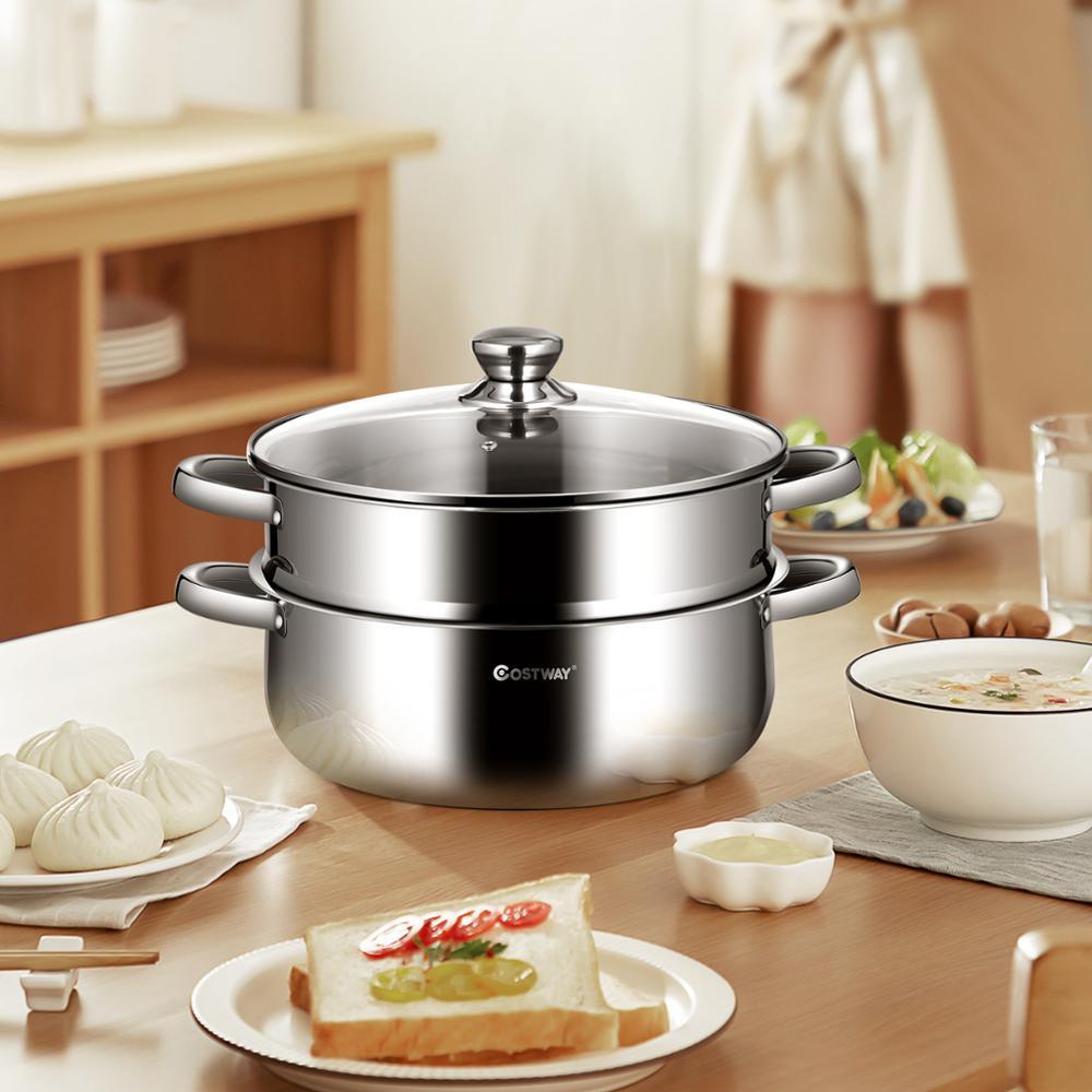 9.5 QT 2 Tier Stainless Steel Steamer Pot Cookware Boiler w/ Tempered Glass Lid KC52002 (AK1)(1U61)