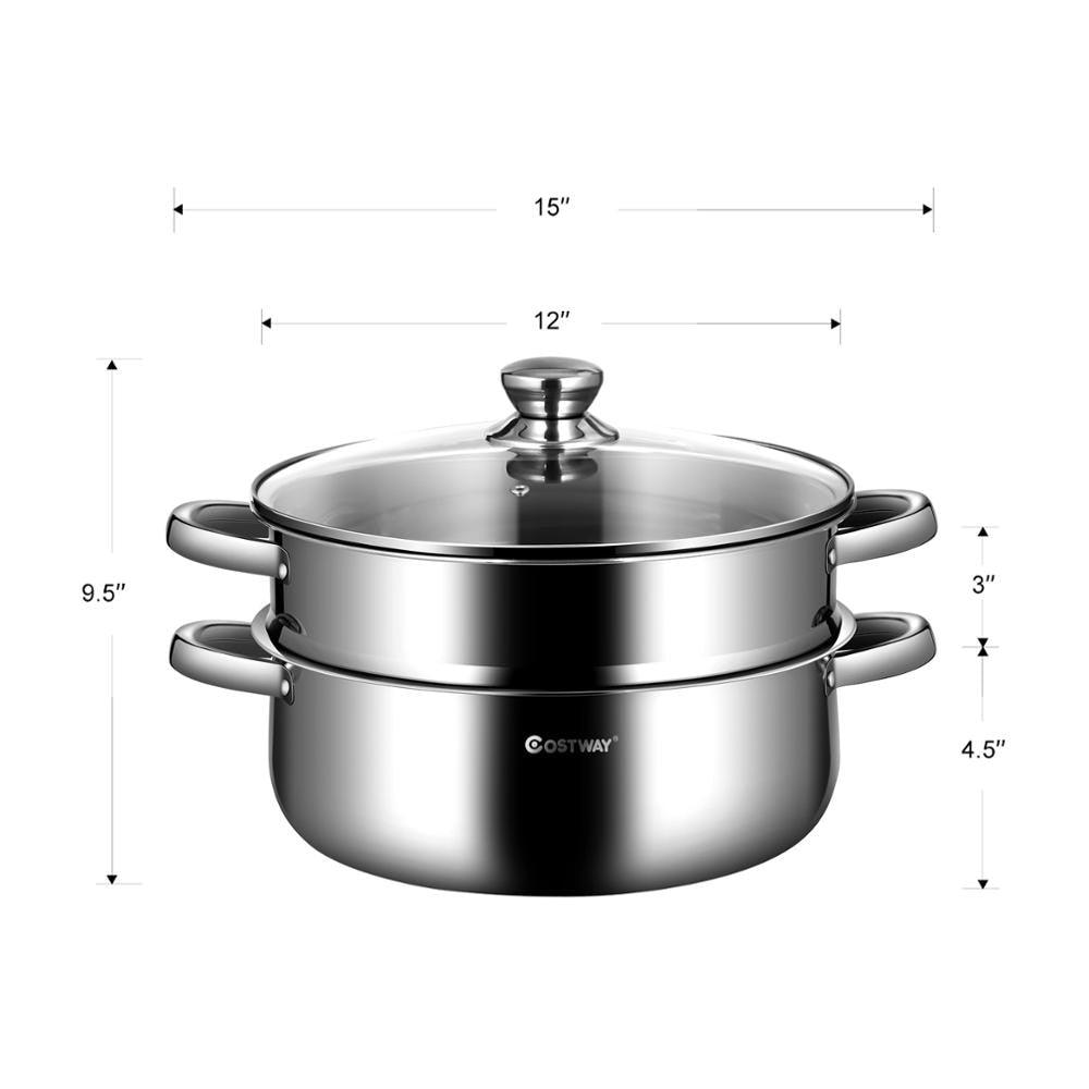 9.5 QT 2 Tier Stainless Steel Steamer Pot Cookware Boiler w/ Tempered Glass Lid KC52002 (AK1)(1U61)