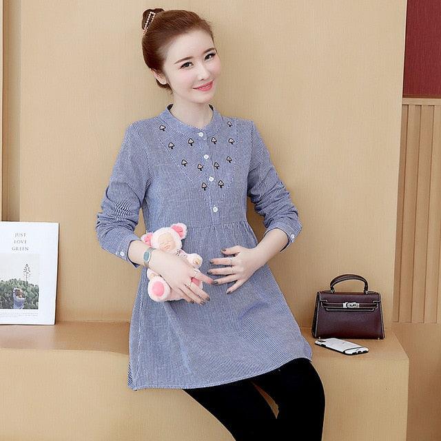 Cute Striped Ties Waist Maternity Blouses -Spring / Autumn Fashion Shirts -Amazing Pregnancy Tops (Z1)(F4)