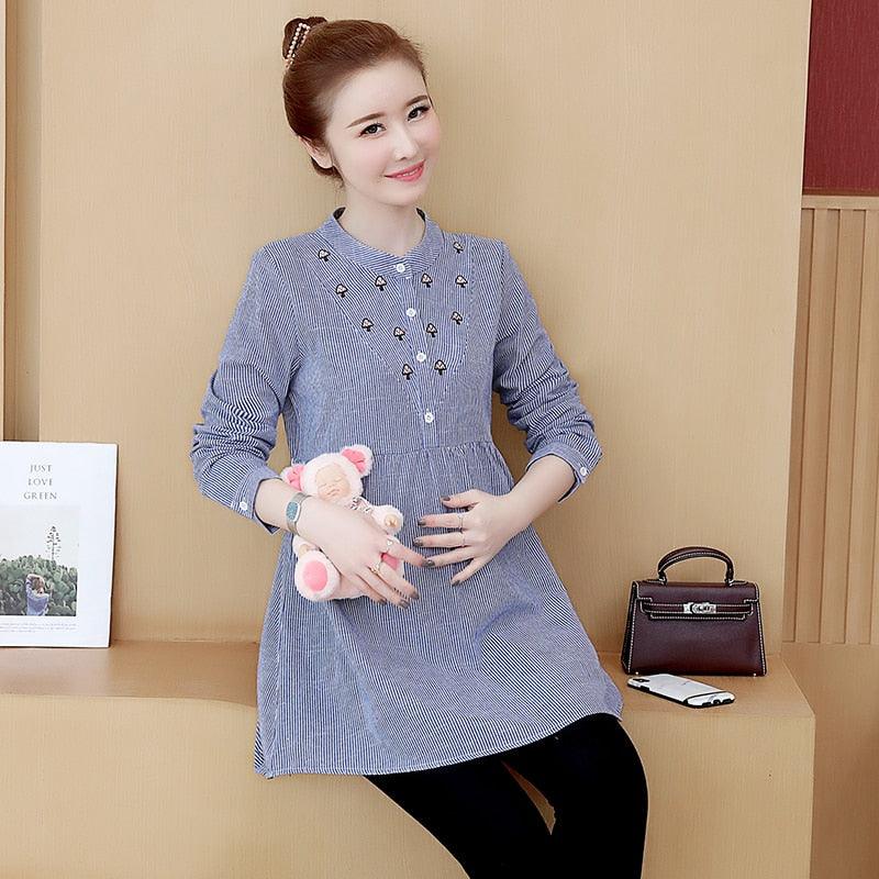 Cute Striped Ties Waist Maternity Blouses -Spring / Autumn Fashion Shirts -Amazing Pregnancy Tops (Z1)(F4)
