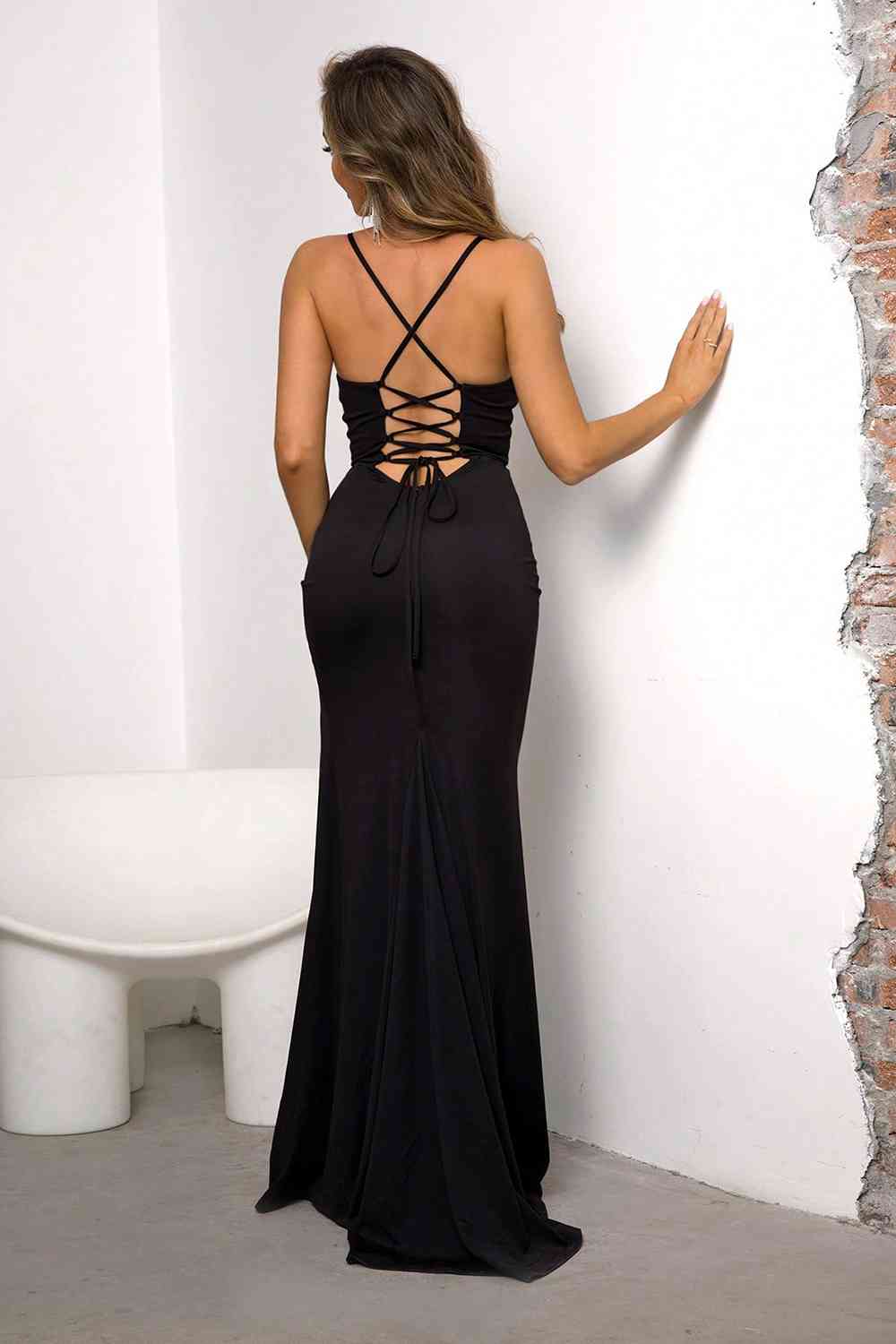 Lace-Up Spaghetti Strap Split Dress (BWM) T - Deals DejaVu