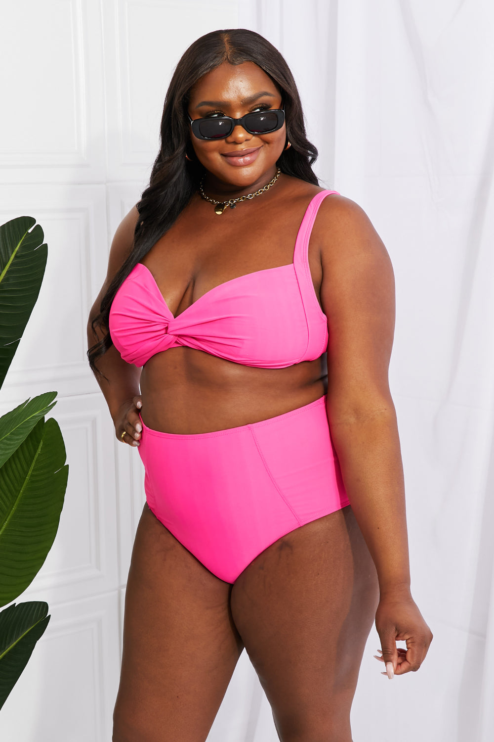 Marina West Swim Take A Dip Twist High-Rise Bikini in Pink (TB9D) T