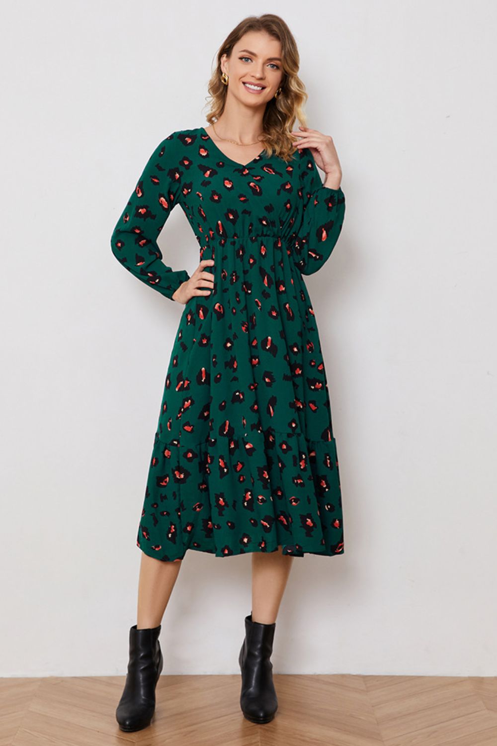 Printed Surplice Neck Long Sleeve Dress (BWD)(WS06)T - Deals DejaVu