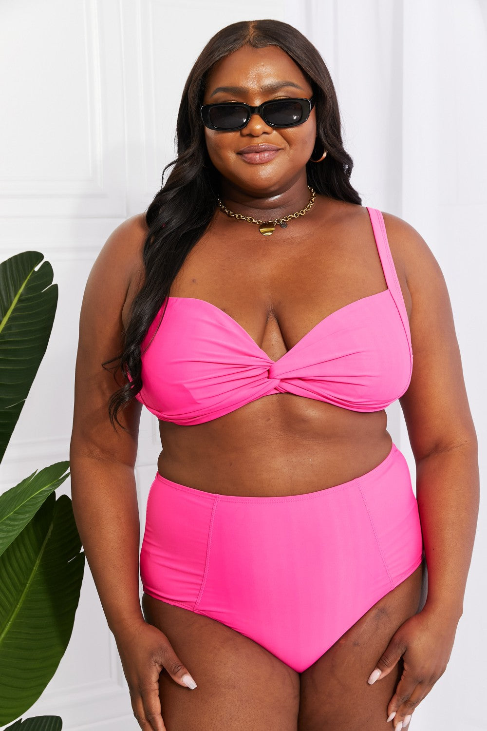Marina West Swim Take A Dip Twist High-Rise Bikini in Pink (TB9D) T