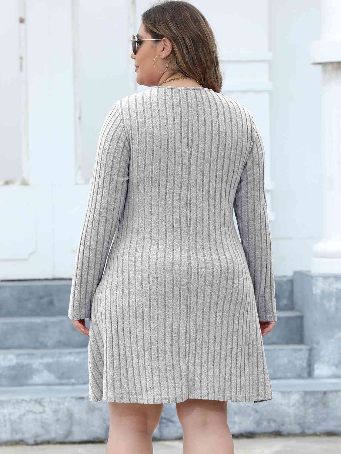 Plus Size Ribbed Buttoned V-Neck Long Sleeve Dress (MWBT) T - Deals DejaVu