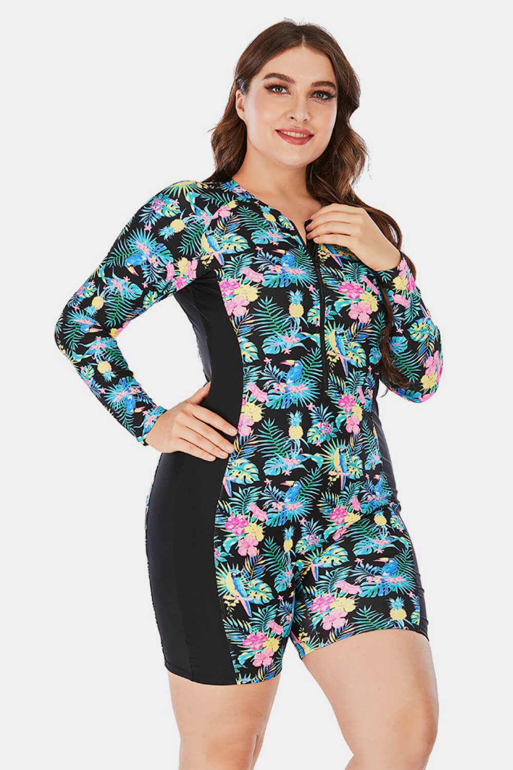Plus Size Floral Zip Up Long Sleeve Short Wetsuit (TB10D) T