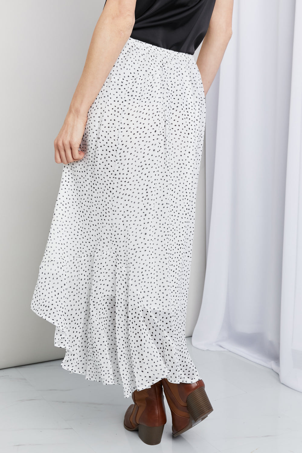 Zenana Polka Dot Ruffle Hem Midi Skirt in Ivory/Black (TB7) T